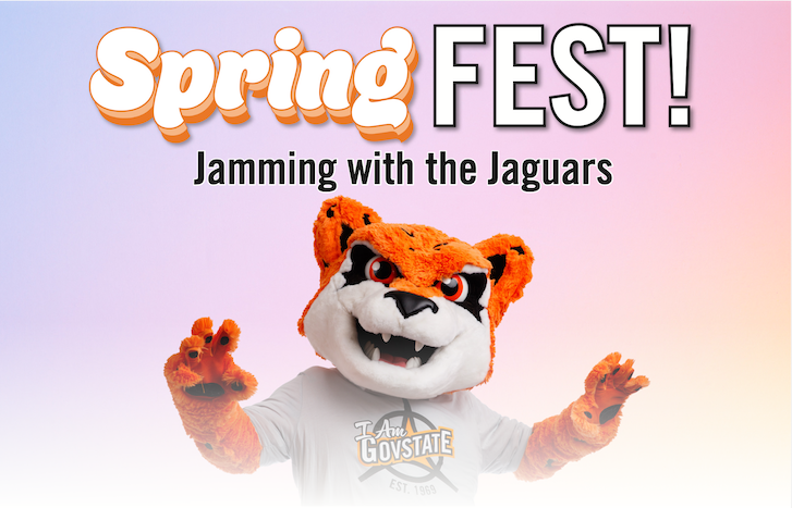 Promotional graphic for Spring Fest featuring a mascot dressed as an orange jaguar wearing a white 'I Am GovState' t-shirt. Text includes 'Spring FEST!' in large, colorful letters and 'Jamming with the Jaguars' below, set against a gradient pink and purple background